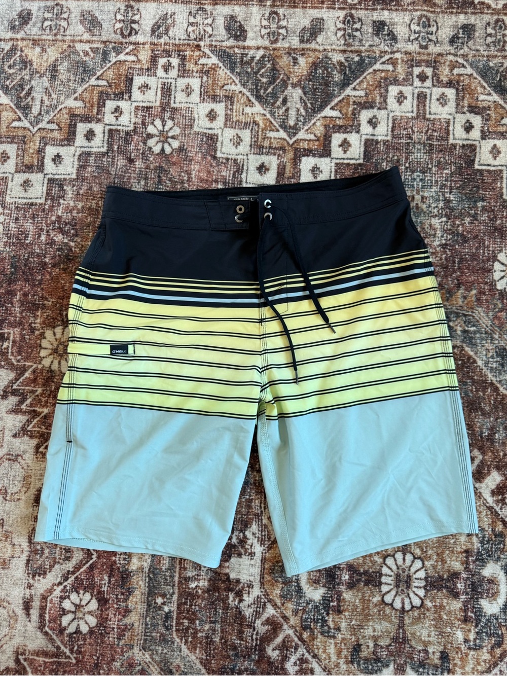 O'Neill Men's Black, Yellow & Light Blue Striped Boardshorts